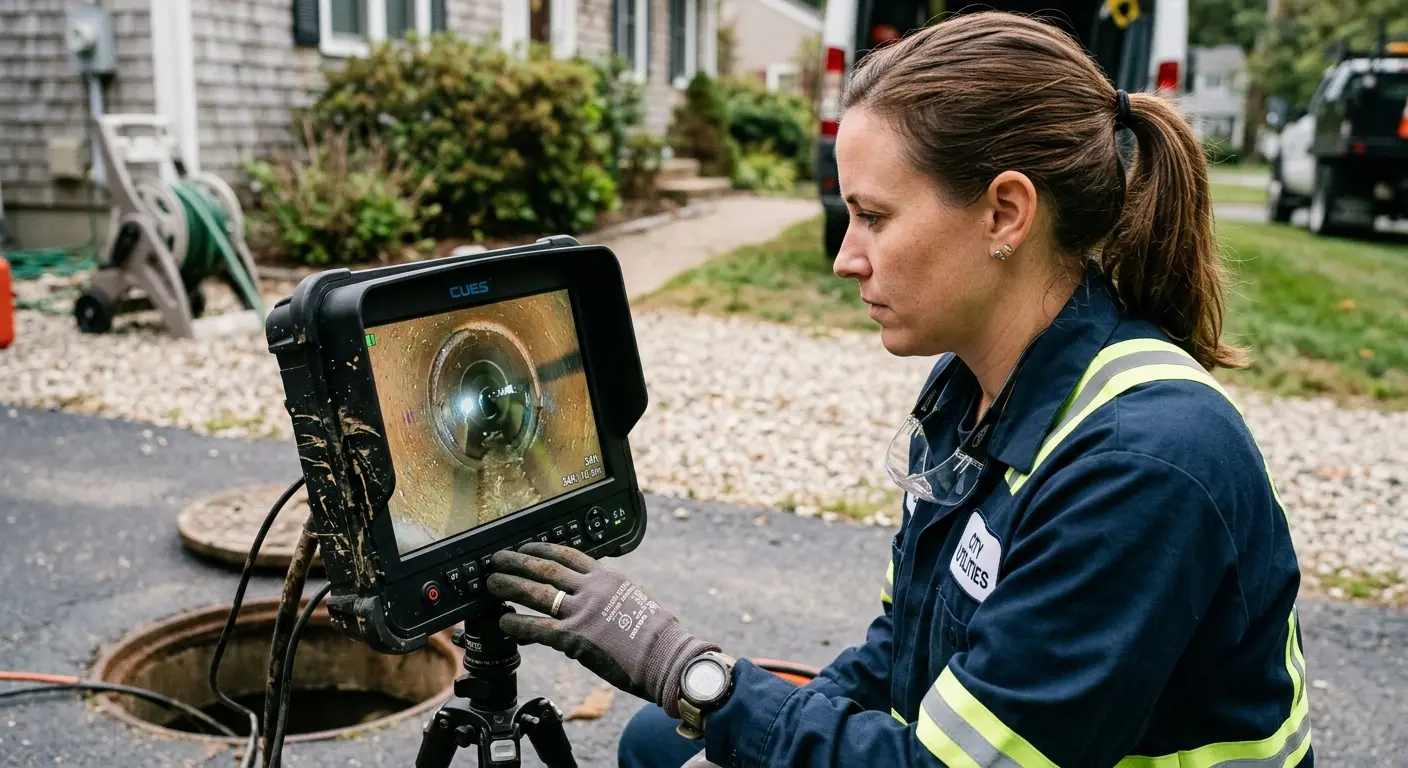 Technician reviewing sewer camera inspection footage in Page