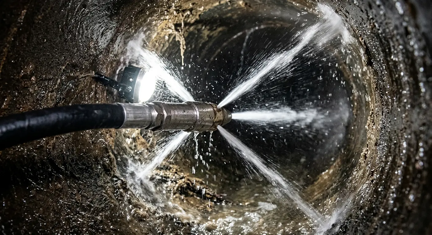 High-pressure hydro jetting nozzle cleaning sewer pipe for Emergency Drain Service in Page