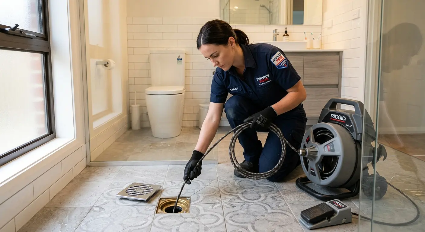 Technician clearing a bathroom floor drain for Sewer Line Replacement in Page